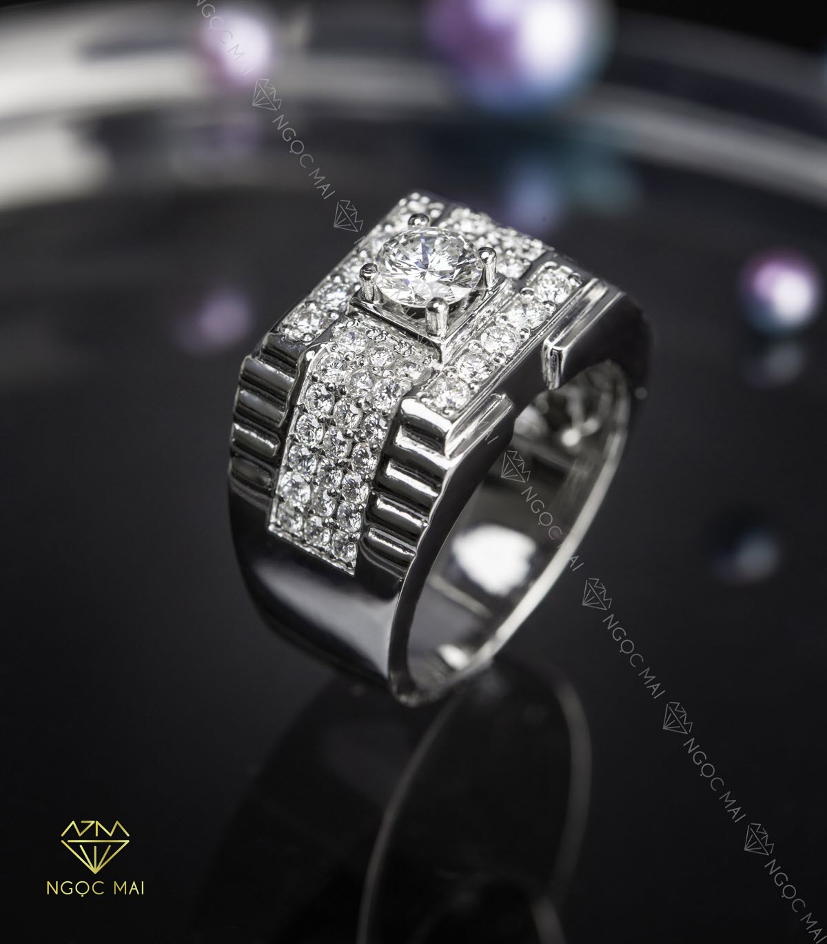 Nhẫn Kim Cương Nam Vàng Trắng 14K | Mai Diamond Luxury 26 Hà Trung