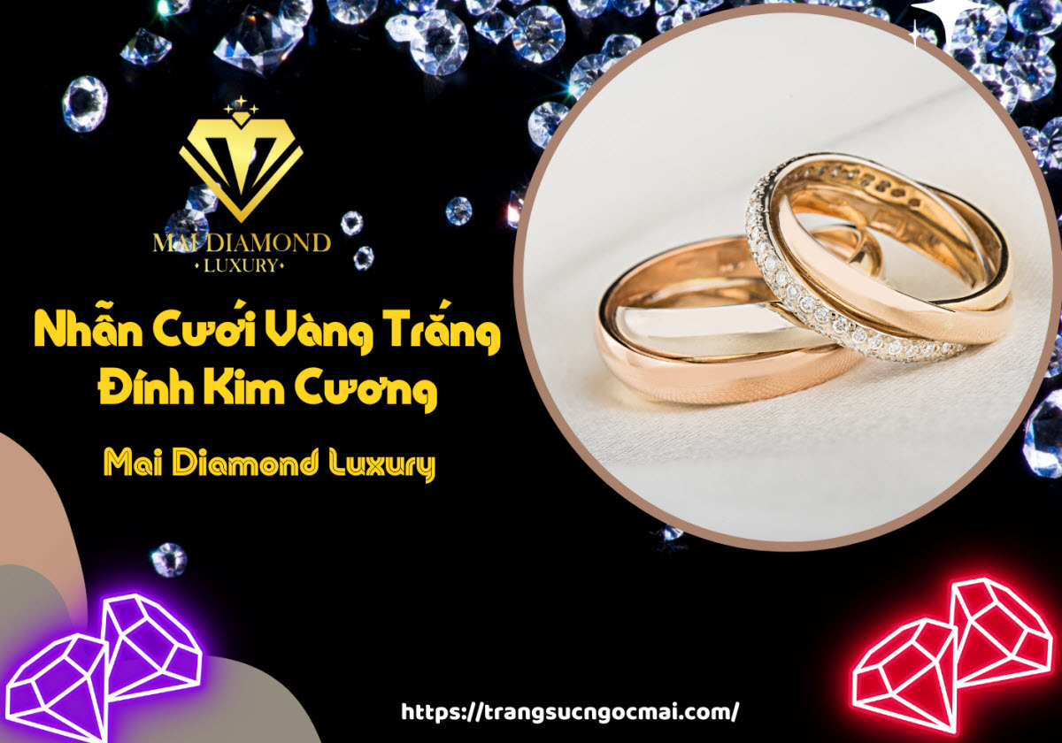 Nhẫn cưới vàng trắng đính kim cương